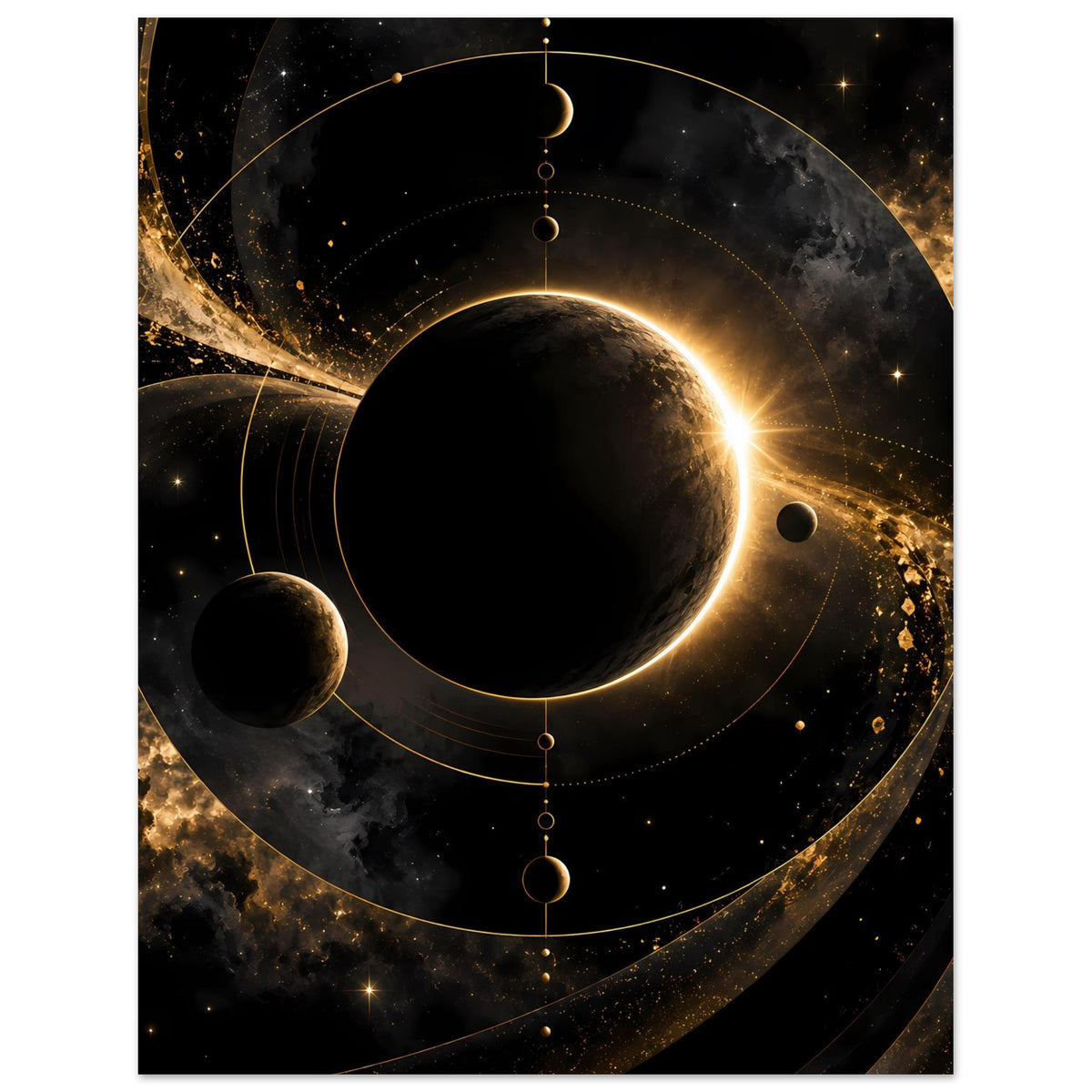 Weltraum-Poster im Hochformat: schwarzer Planet, goldene Lichtfackel rechts, Bahnen im Kreis