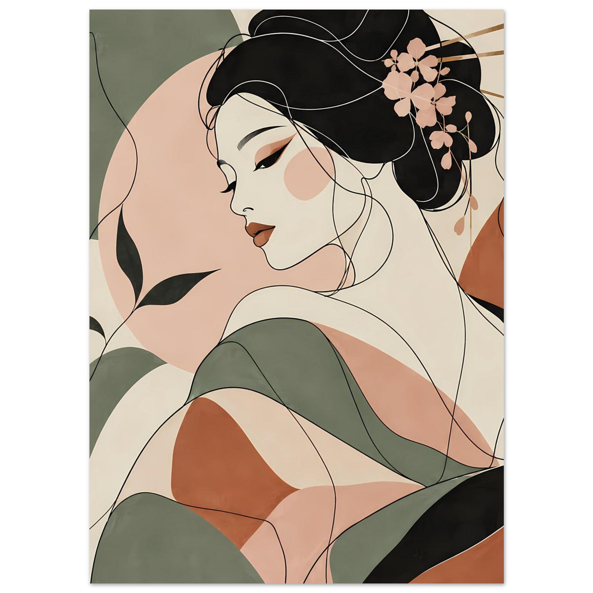 Zen-Poster: Geisha im Linienkunst-Stil, seitliches Porträt mit dunklem Haarschopf und rosa Blüten.