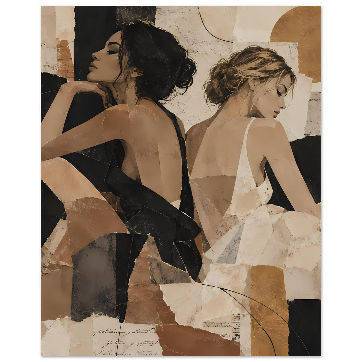 Collage-Poster im Hochformat: zwei weibliche Figuren, warmes Braun-Beige, abstrakt
