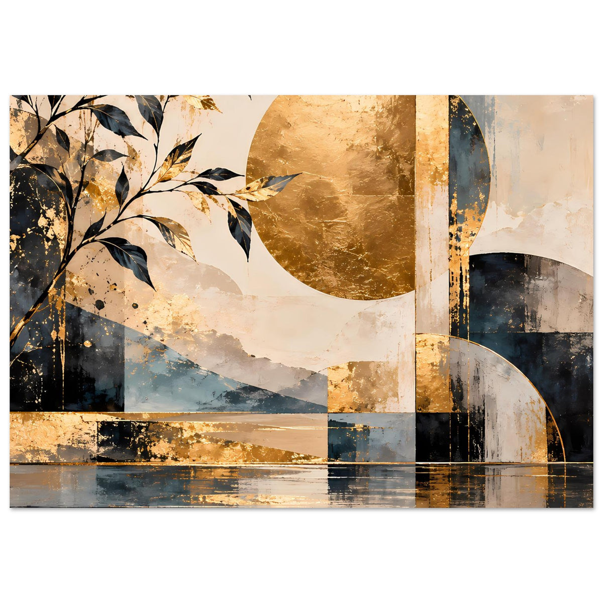 Kunstposter mit abstrakter Farbkomposition in Blau, Gold und Beige, mit Kreisen und Blättern