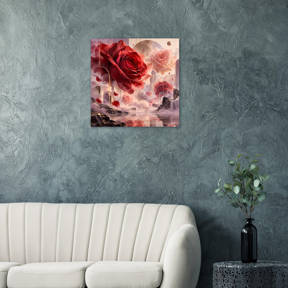 Quadratisches Poster mit roten Rosen und rosafarbenen Blüten, gemaltes Wolkenmotiv