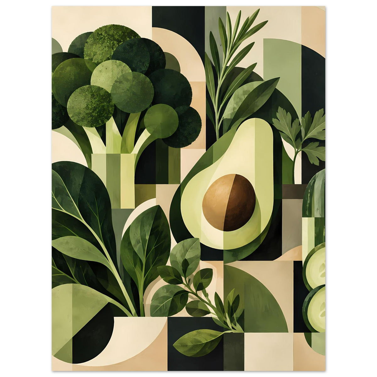 Geometrisches Poster mit Gemüse-Illustration: Avocado, Blätter und grüne Akzente