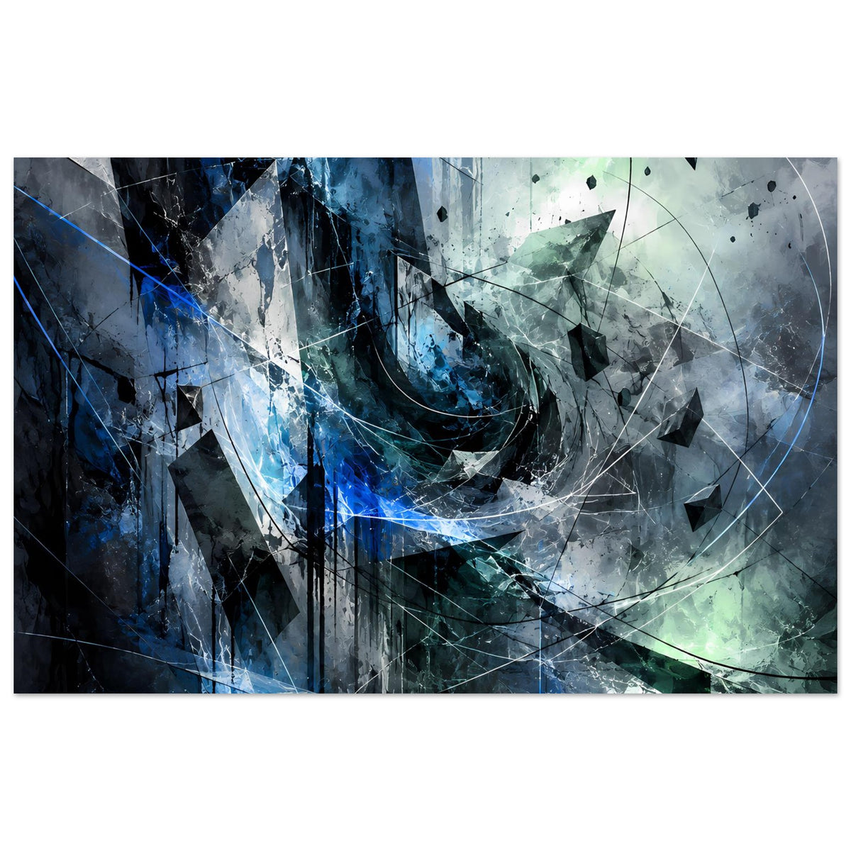 Abstraktes Kunstposter mit blauen und grünen Formen, Kreislinien und Spritzoptik, Querformat