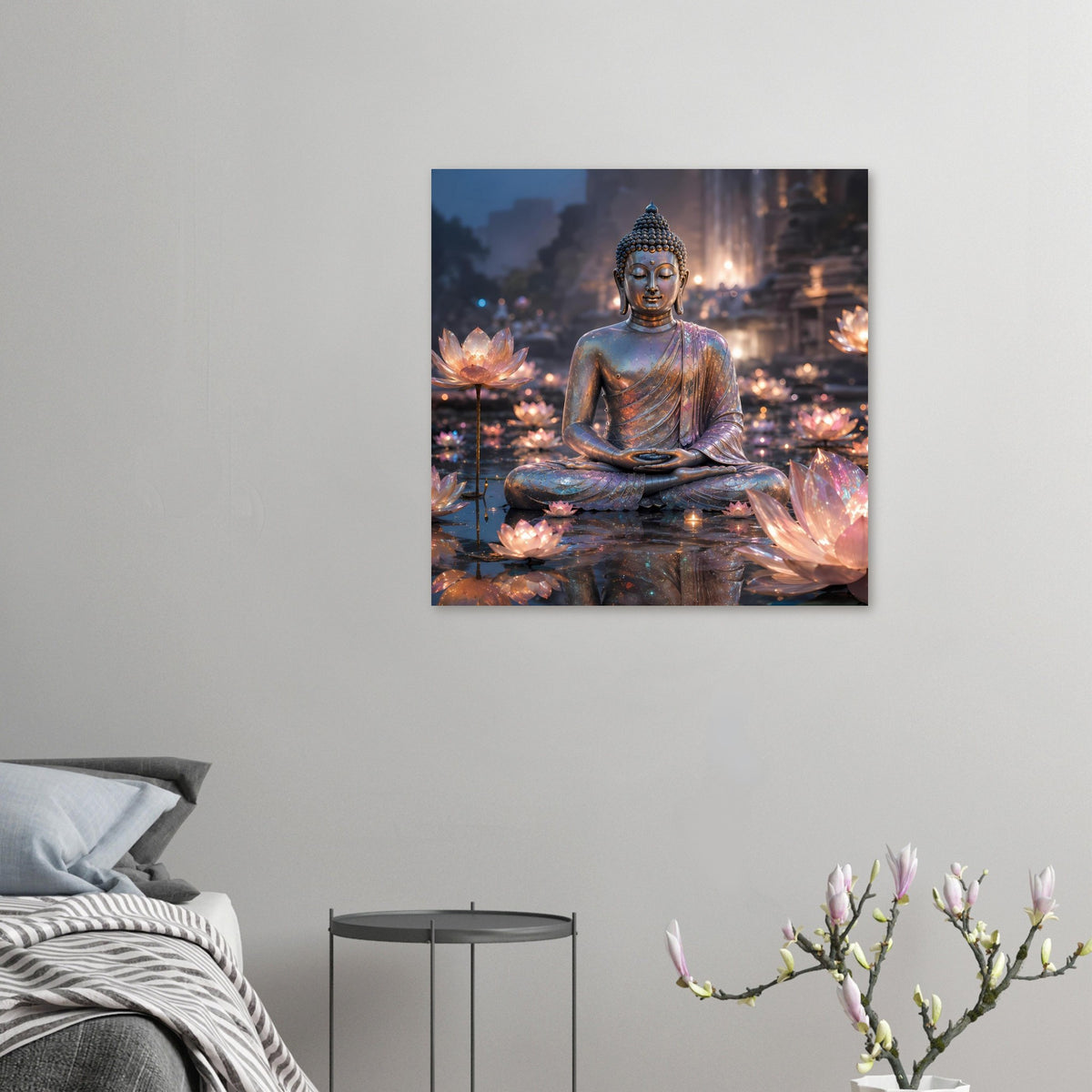 Kleines Wandposter mit sitzendem Buddha in Meditationspose, Lotusblüten und leuchtende Lichter