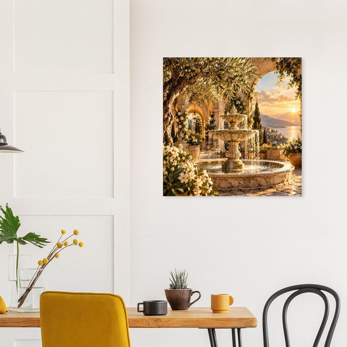 Mediterranes Sonnenuntergang-Brunnenposter mit beleuchtetem Brunnen und Blumenpfad