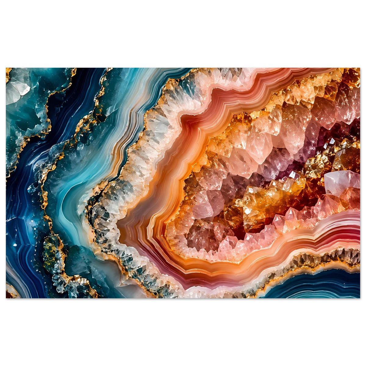 Poster mit abstrakter Geoden-Kristallkunst in Blau, Orange, Rosa und Gold