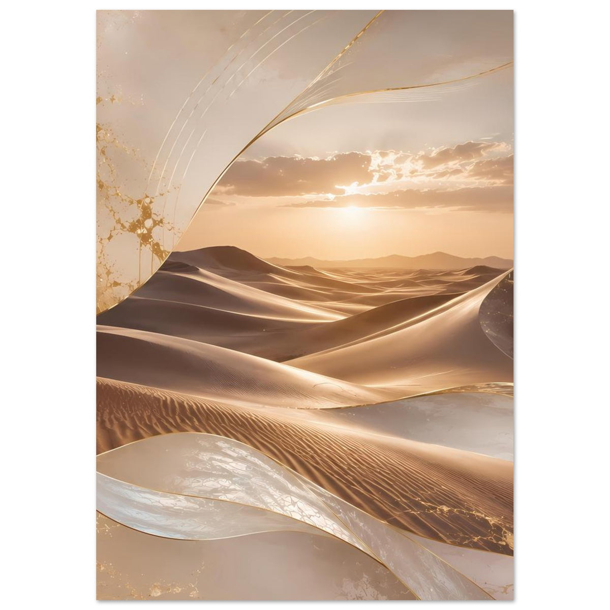 Poster im Hochformat mit Wüstendünen, warmen Beige- und Goldtönen