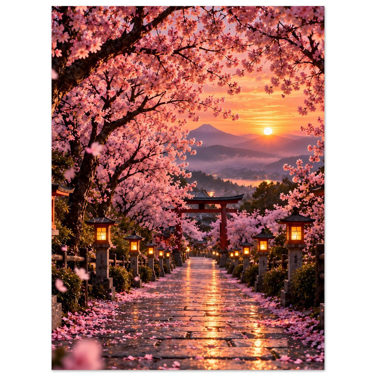 Sakura-Poster: Torii-Tor zwischen Kirschblüten und goldener Sonne über nebligen Bergen