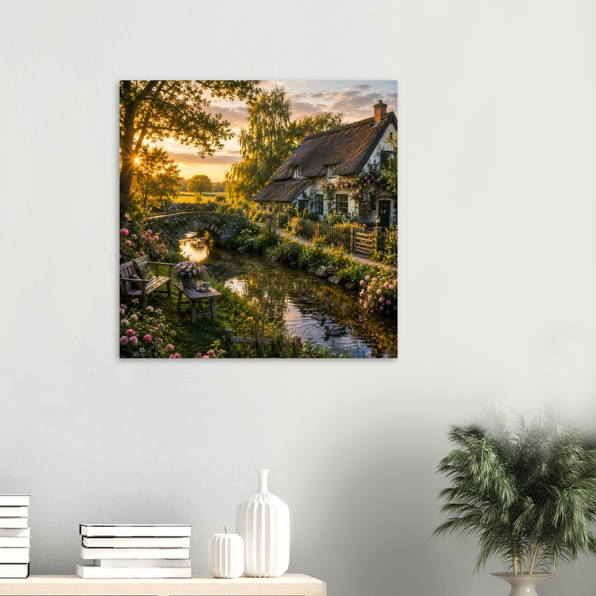 Wandposter mit Landhaus am Bach, Blumenrand und Steinbrücke über dem Wasser