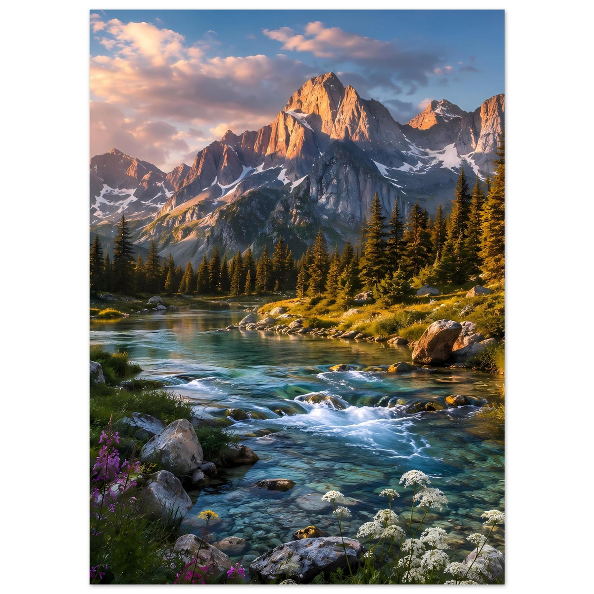 Landschaftsposter, vertikal: Fluss mit Bachlauf, violetten Blüten und Tannen im Tal