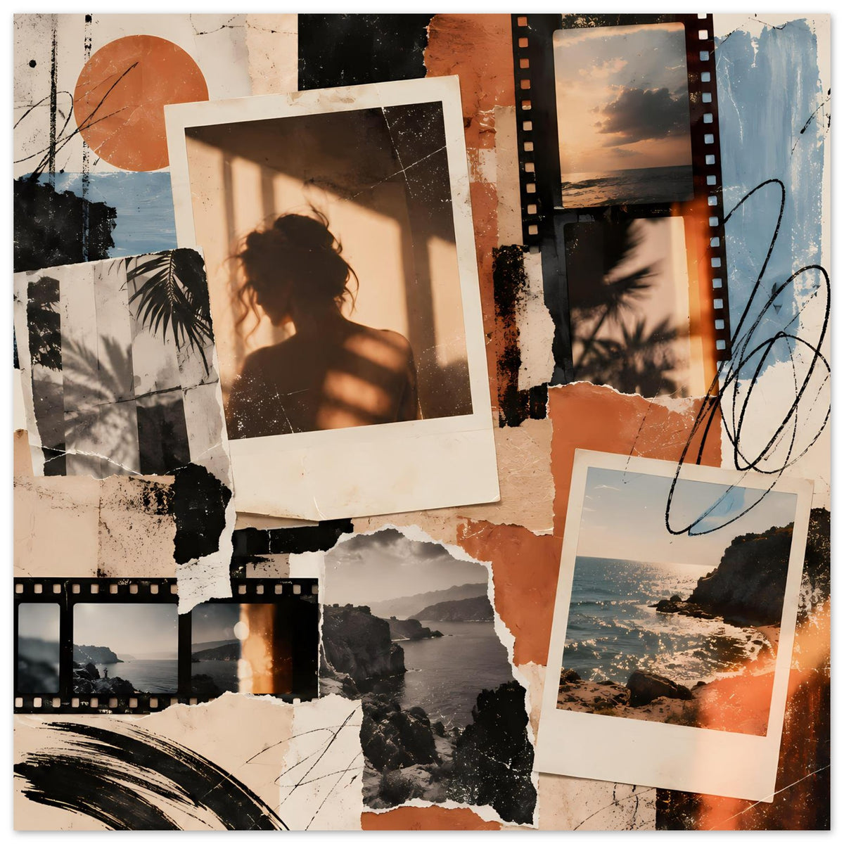 Collageposter mit Filmstreifen, Aktfoto, Meer- und Felsbildern sowie orangefarbener Rahmung
