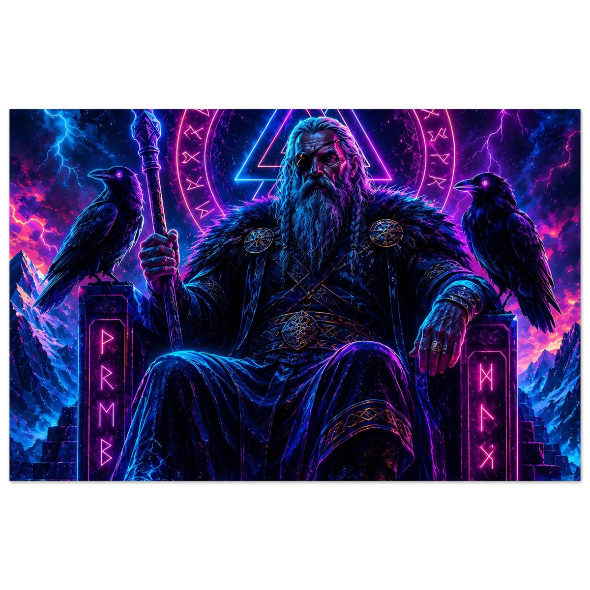 Fantasy-Poster: Wikingerkönig mit Fellumhang, leuchtende Runen über dem Thron