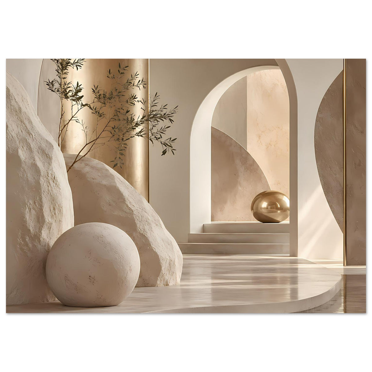 Architekturposter, horizontal: Rundbögen, Pflanzenzweige und goldene Kugel im Sand-Gold-Look.