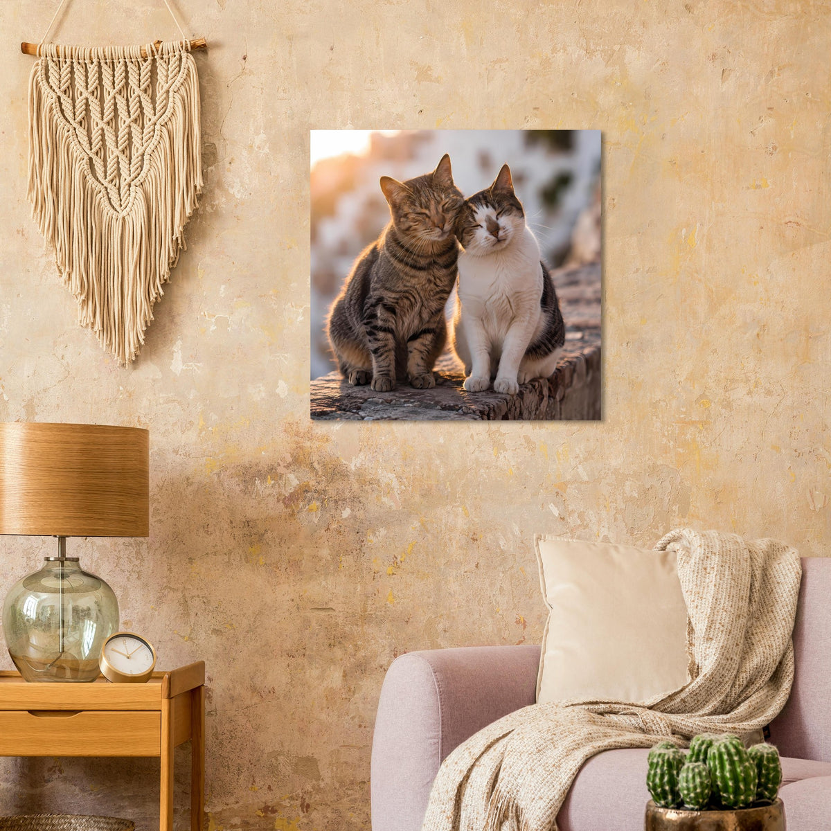 Poster mit zwei Katzen, eine braun gestreift und eine weiß, auf Stein