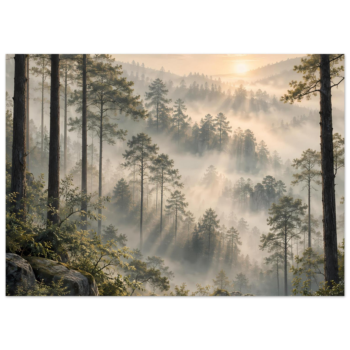 Horizontales Poster: Waldlandschaft mit Lichtblicken durch Nebelschichten