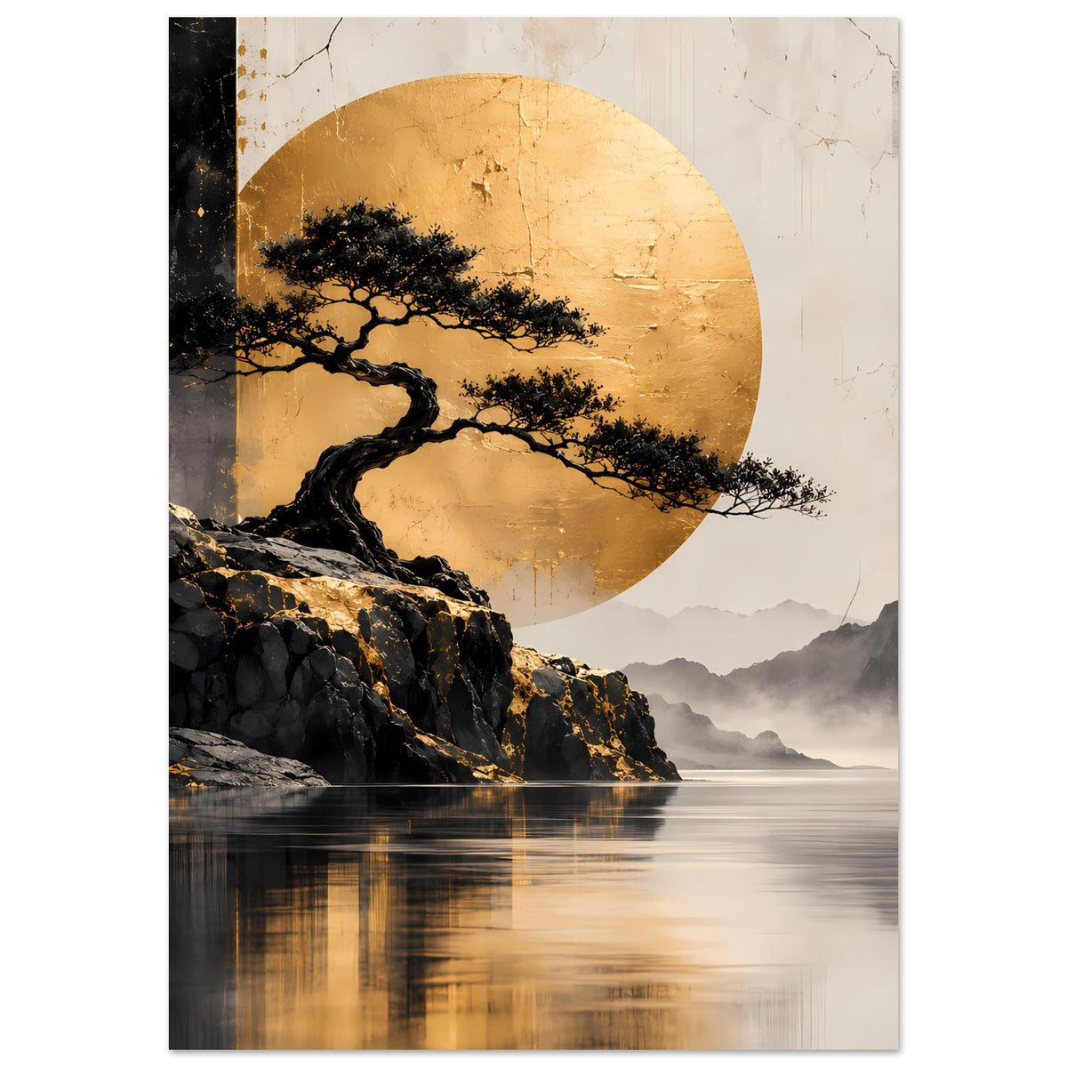 Poster im Hochformat: goldener Kreis, schwarzer Baum über felsigem Ufer, Nebel und Wasserreflexe