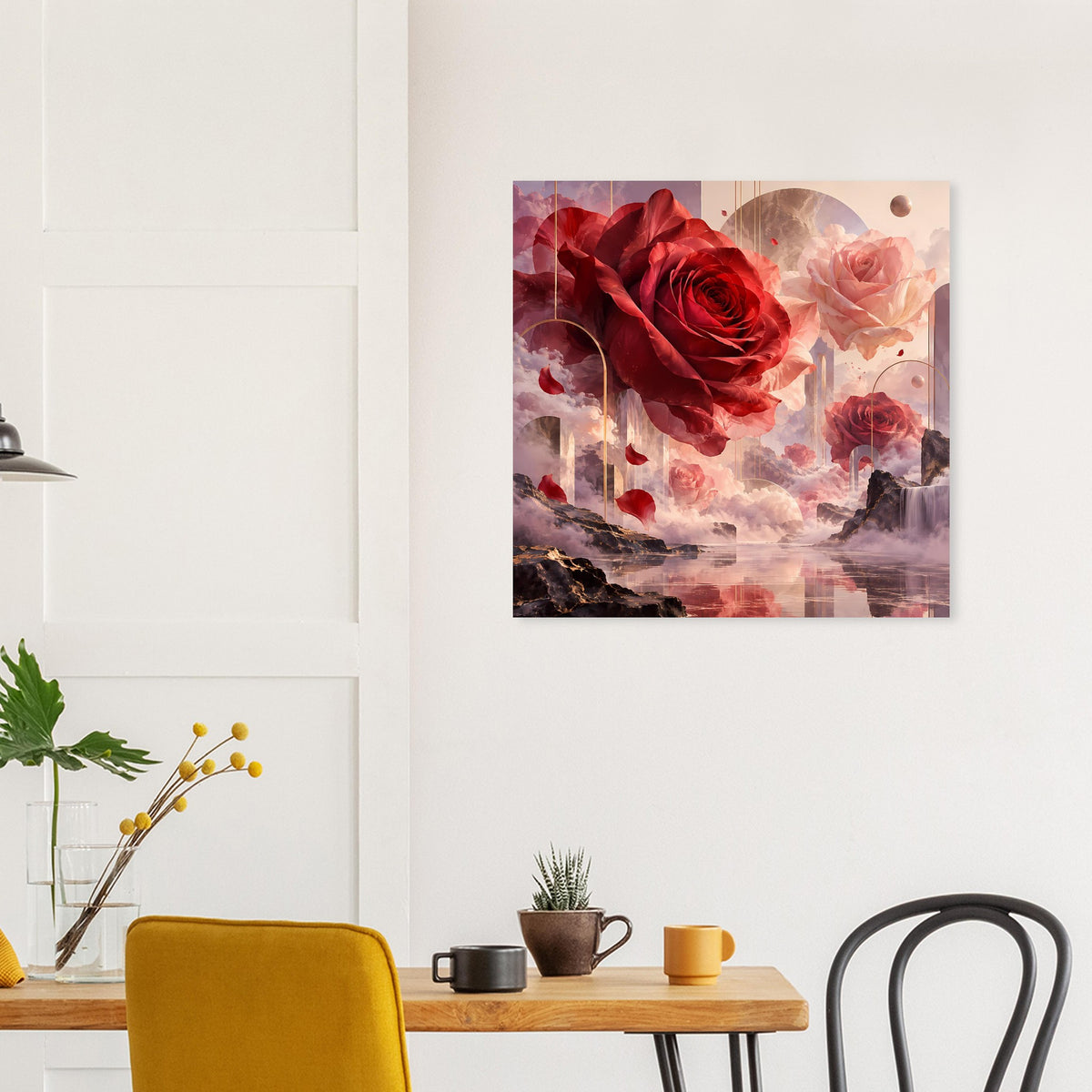 Quadratisches Poster mit roter Rosenblüte und weiteren rosafarbenen Rosen, abstrakt