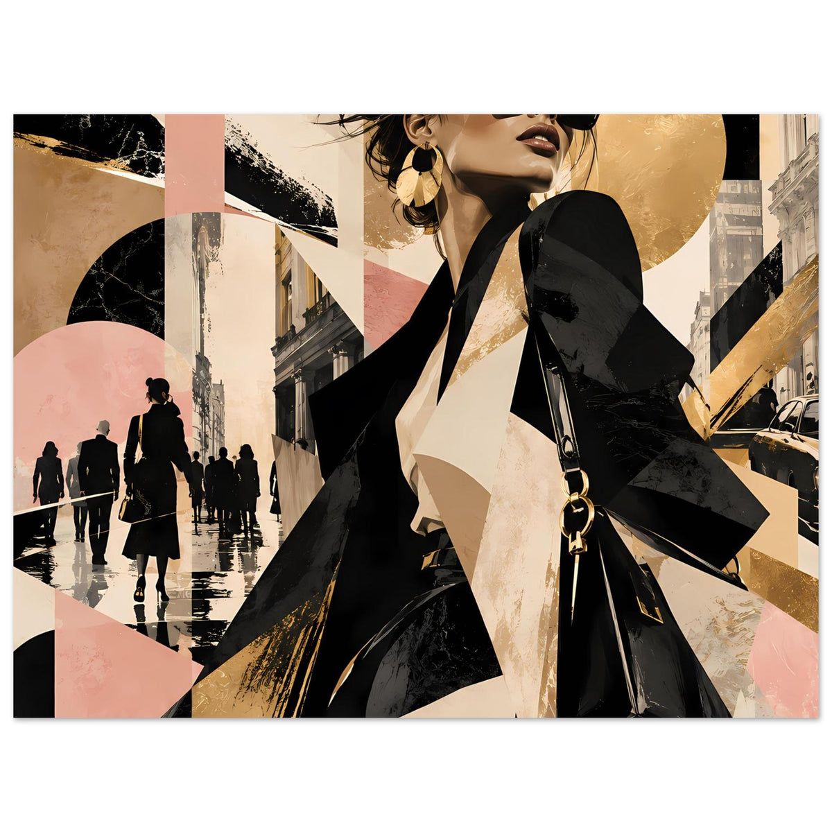 Poster im Querformat: Frau in Sonnenbrille, schwarze Handtasche, goldene Kreisform im Motiv