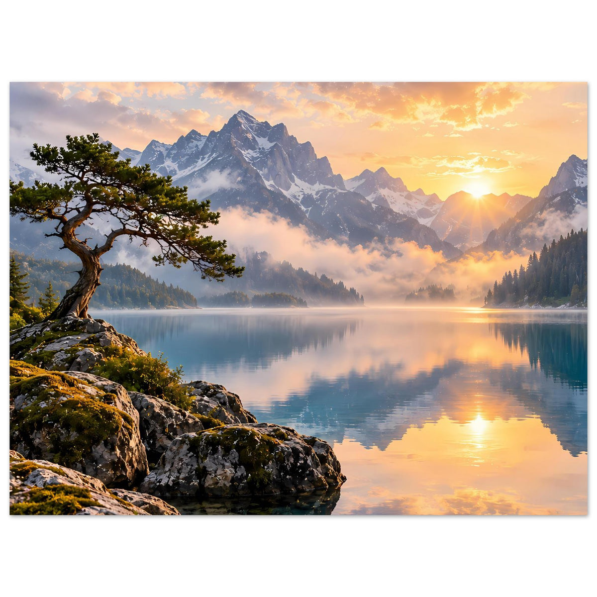 Horizontales Poster: Sonnenaufgang in den Bergen, spiegelnder See, Felsenküste mit Baum