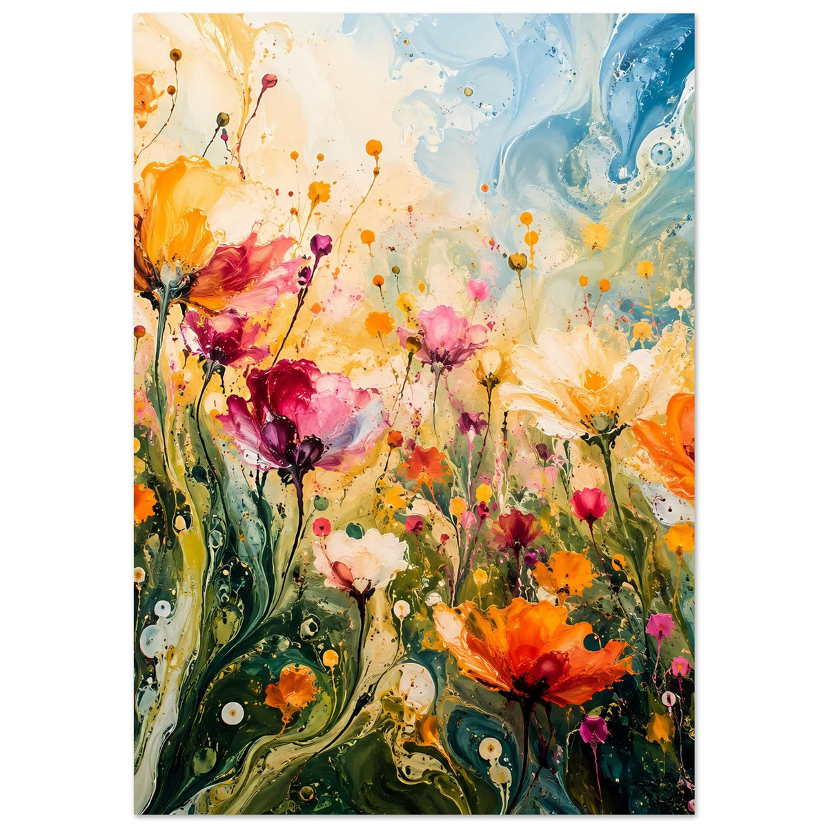 Blumenposter mit farbenfrohen abstrakten Blüten und Linien in Pink, Orange und Blau, vertikal