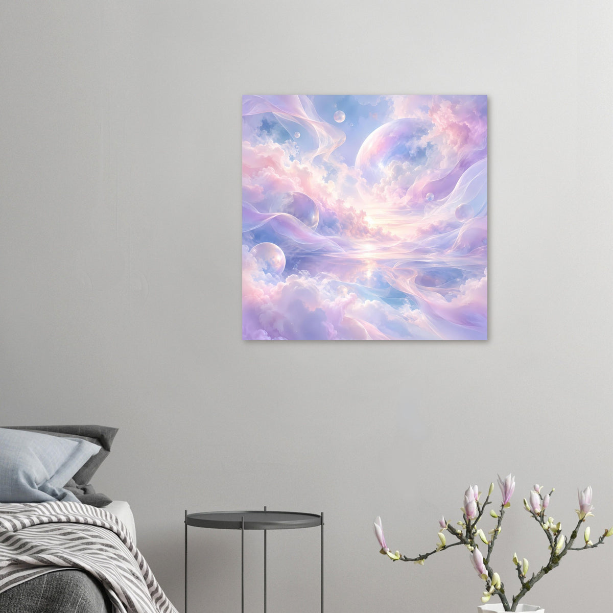 Kleines Poster mit pastellfarbenem Wolkenhimmel, schwebenden Blasen und ruhigem Lichtschein