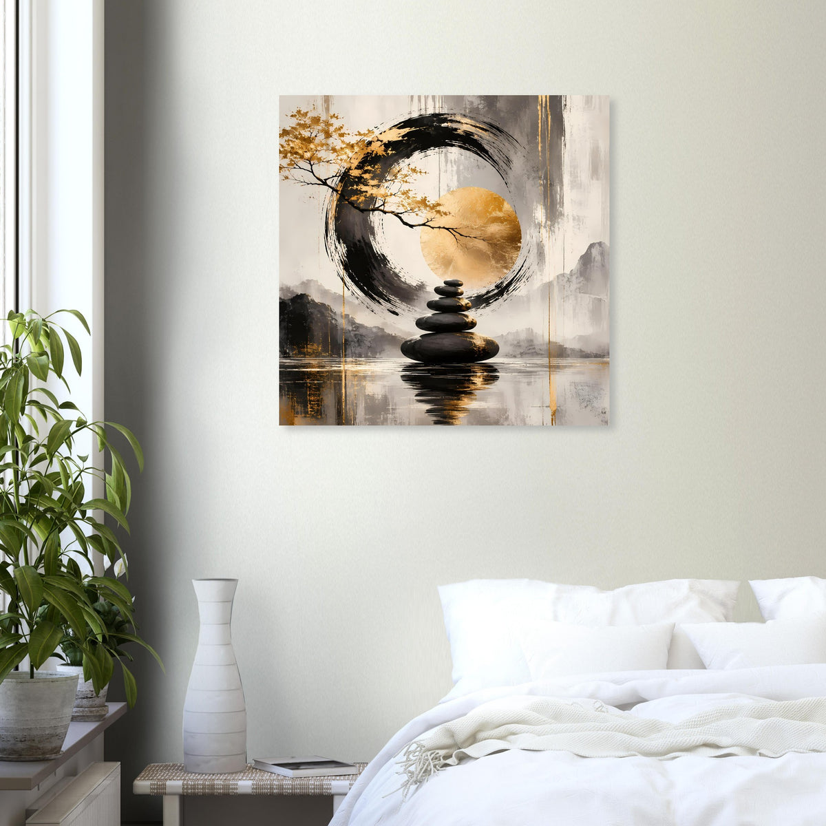 Kunstposter mit Mondkreis, schwarzen Steinen und goldenen Farbakzenten auf Grau/Weiß.