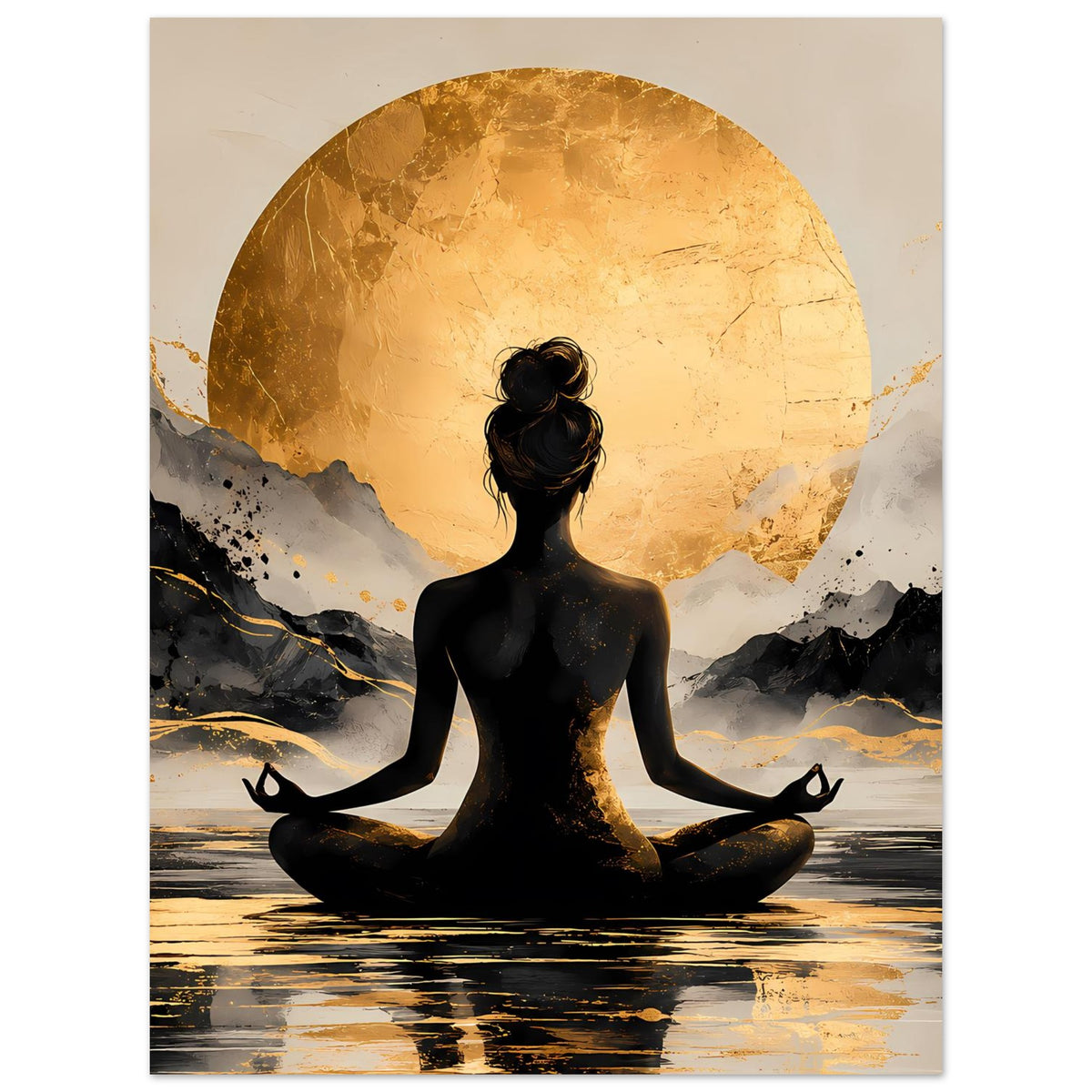 Meditationsposter: Silhouette im Lotussitz, goldener Sonnenkreis mit ruhigem Wasserreflex