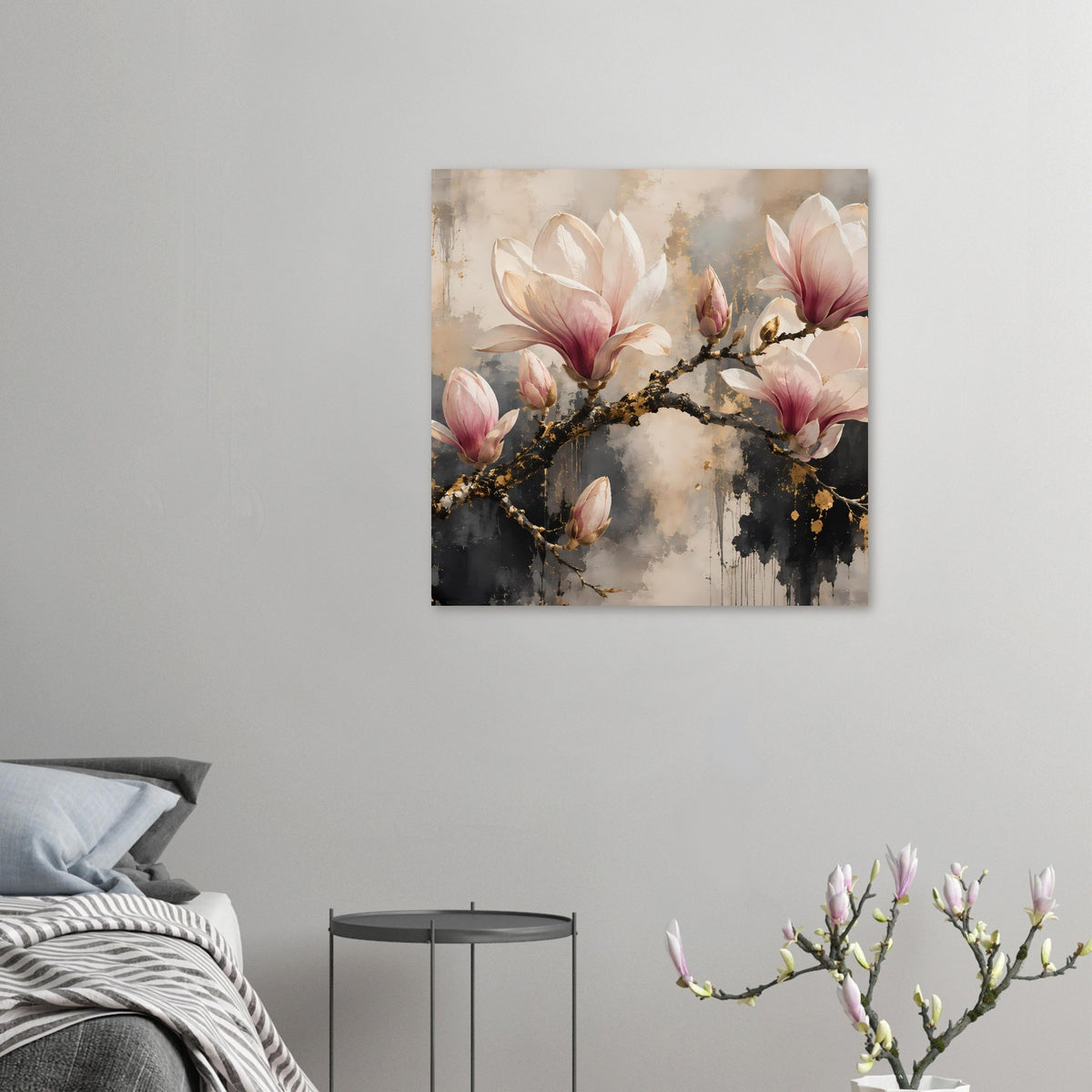 Kleines Magnolienblüten-Poster: rosa Blüten und goldakzentuierter Ast