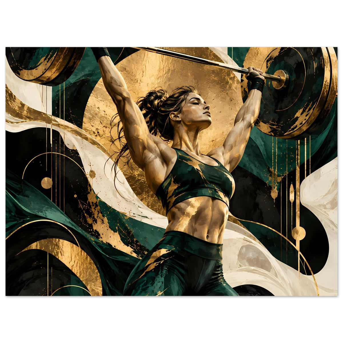 Kraftposter: Athletin in grünem Sportoutfit hebt eine Hantelstange, dynamisches Gold-Grün-Design