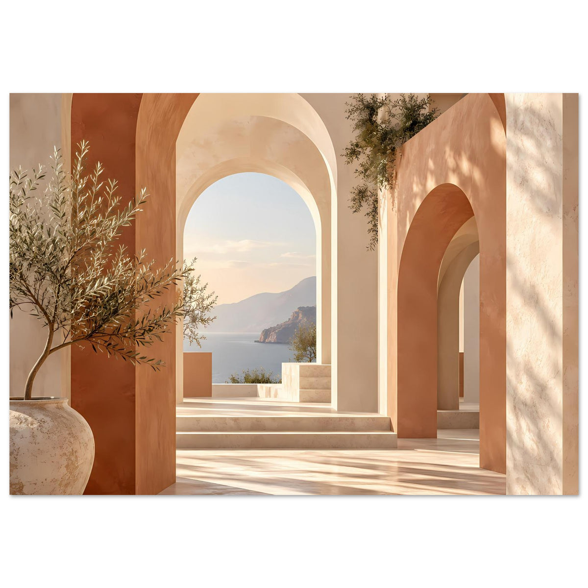 Poster mit mediterranen Rundbögen in warmen Terrakotta- und Beigetönen, Durchblick nach draußen.