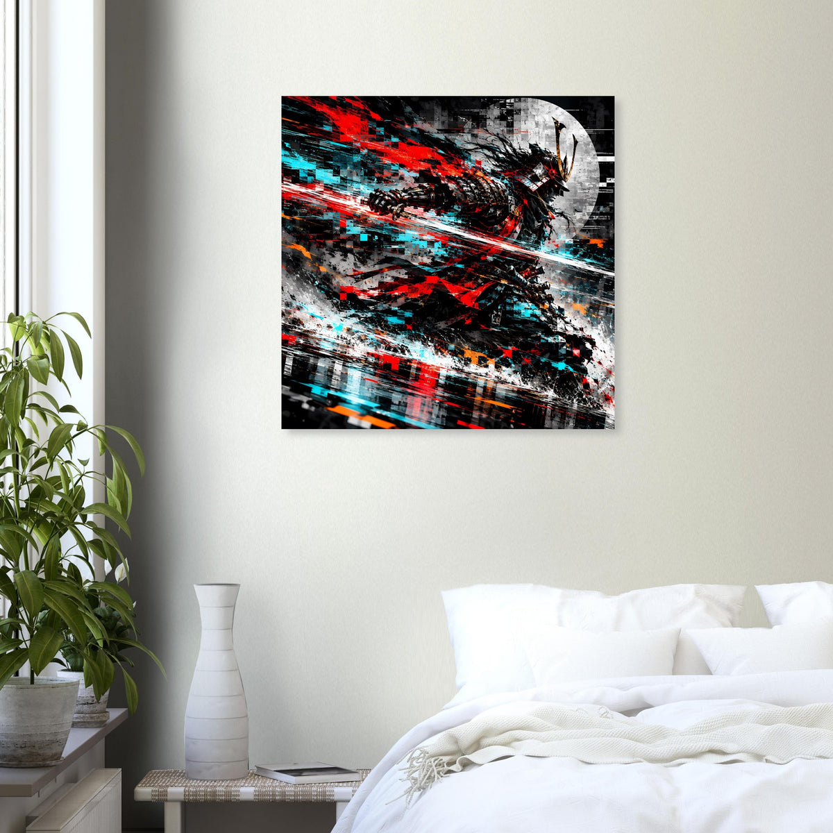 Quadratisches Poster: abstrakte Samurai-Action in Rot, Cyan und Schwarz mit schwarzem Rand