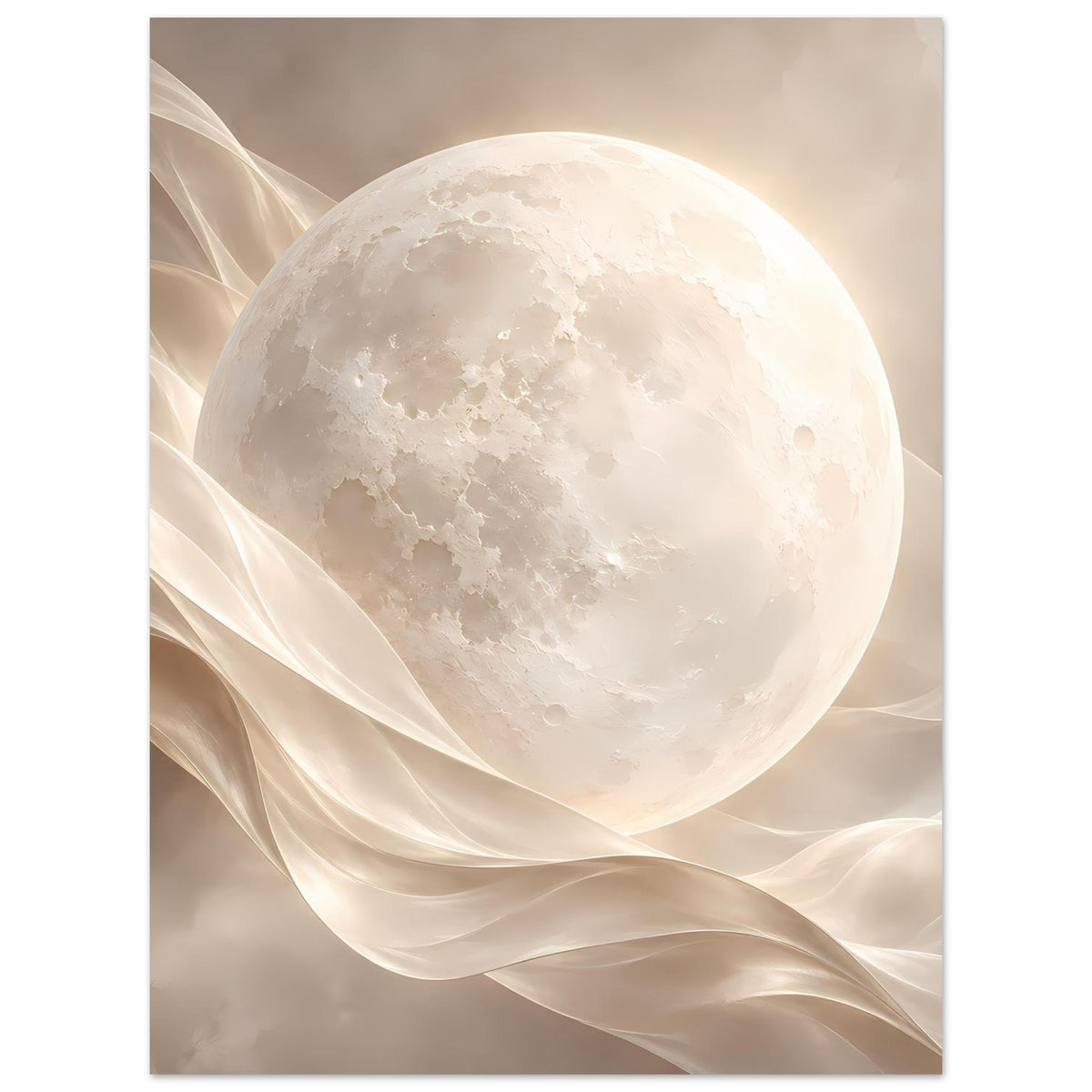 Poster im Hochformat: heller Mond mit Wolkentextur und geschwungenen Stoffschleiern