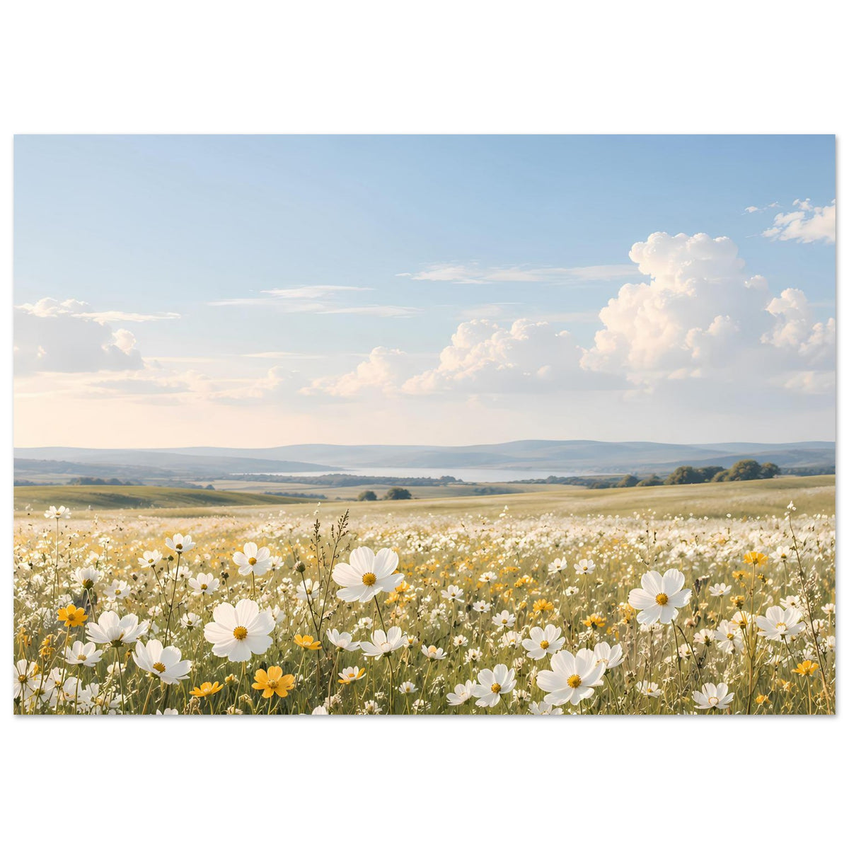 Wildblumenwiese-Poster mit Blumenfeld, Hügeln in der Ferne und weißen Blüten