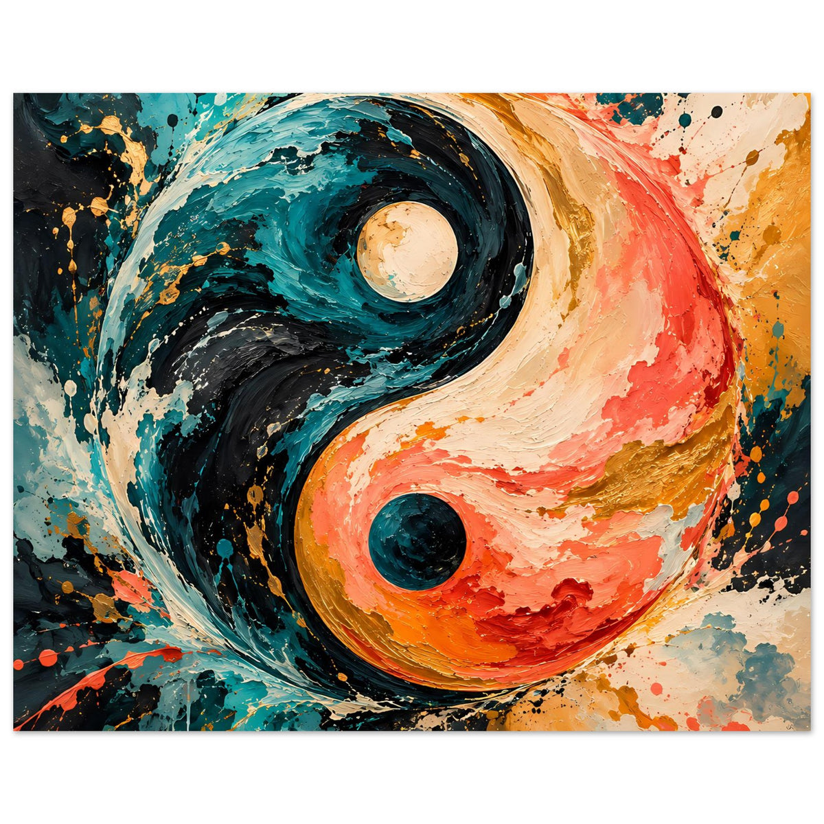 Abstraktes Yin-Yang-Poster: große Spiralen mit runden Einsätzen in Blaugrün, Schwarz und Orange