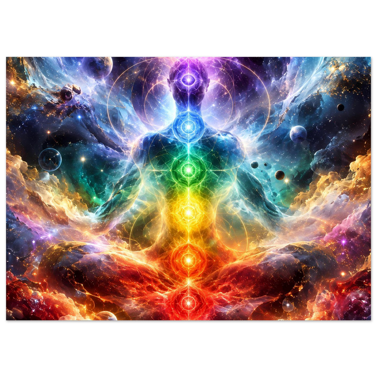 Chakra-Meditationsposter, horizontales Motiv mit buntem Energiefluss und Sternen