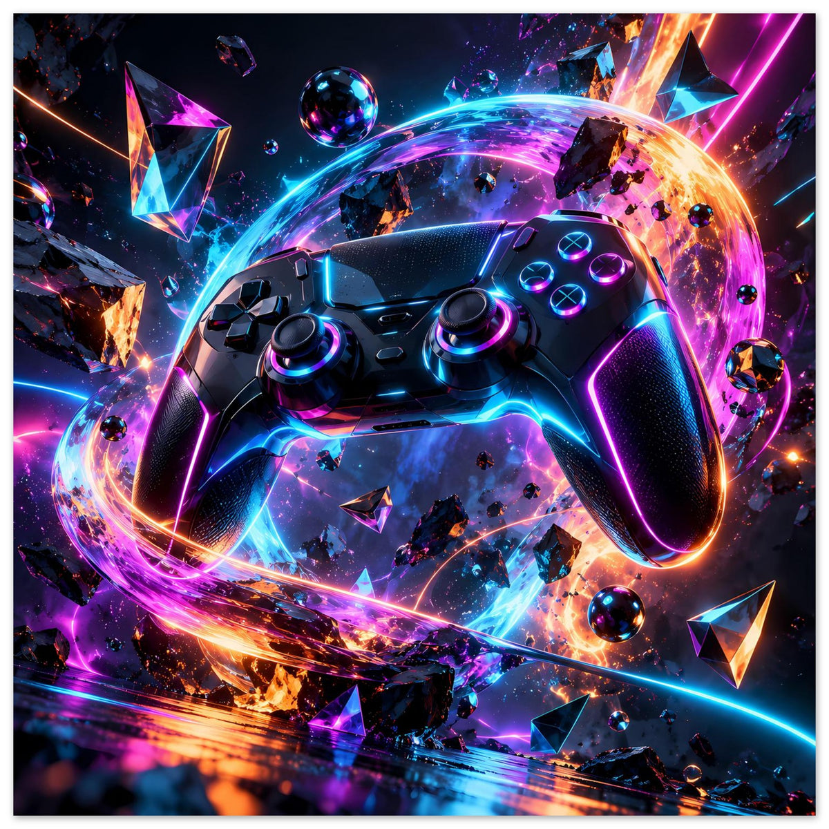 Hochformatiges Poster mit Neon-Gaming-Controller, umrandet von leuchtenden Effekten