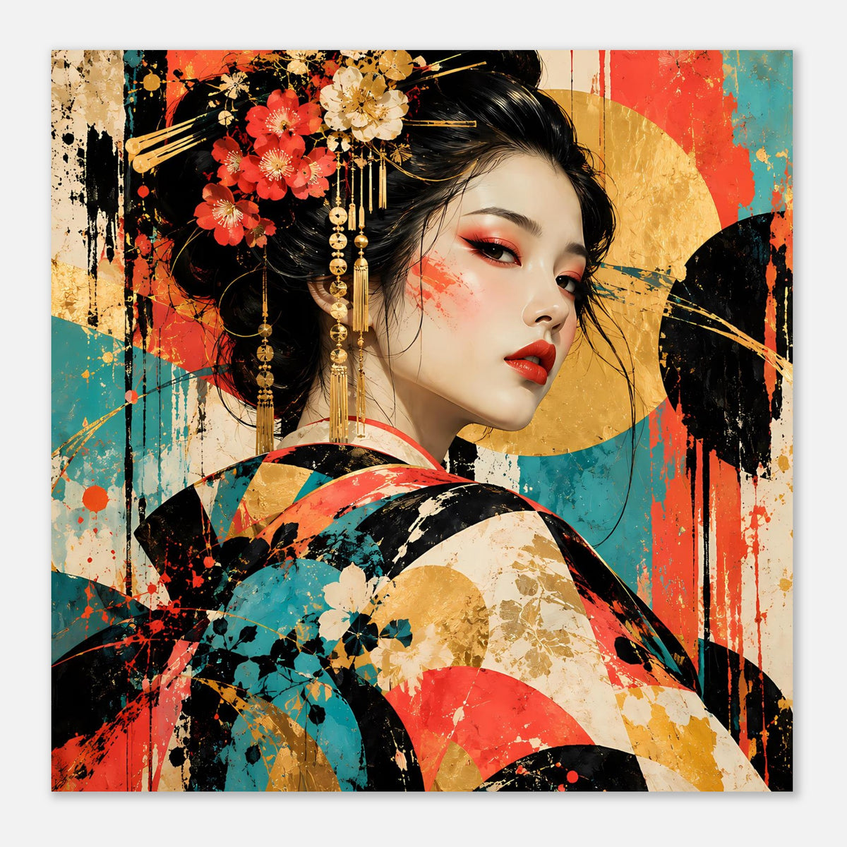 Geisha-Kunstposter: Porträt im Vordergrund, floraler Haarschmuck und kräftiger Kimono
