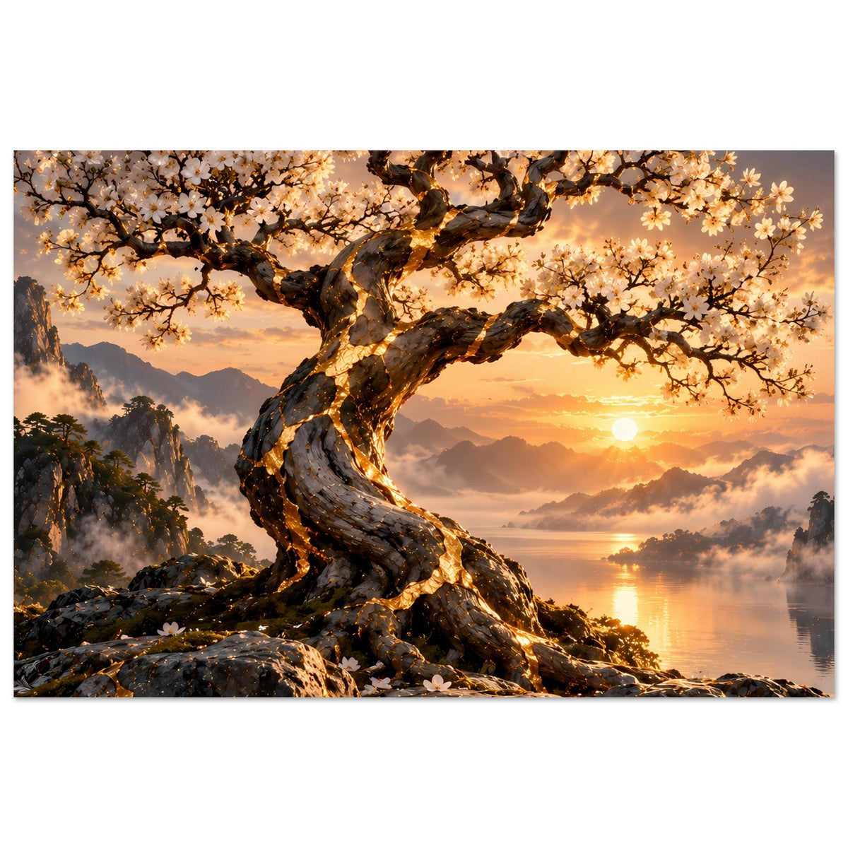 Horizontales Poster: kräftiger Baumstamm mit Blüten, goldene Abendsonne am Horizont