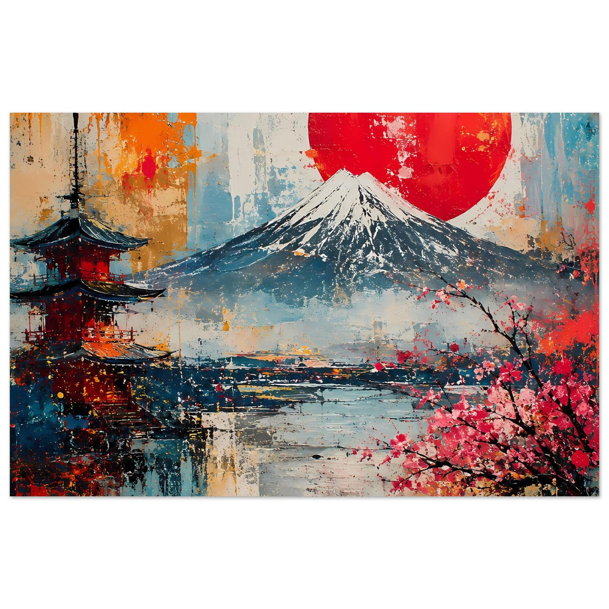 Japanisches Poster mit Fuji, roter Sonne und Kirschblüten, breites Format
