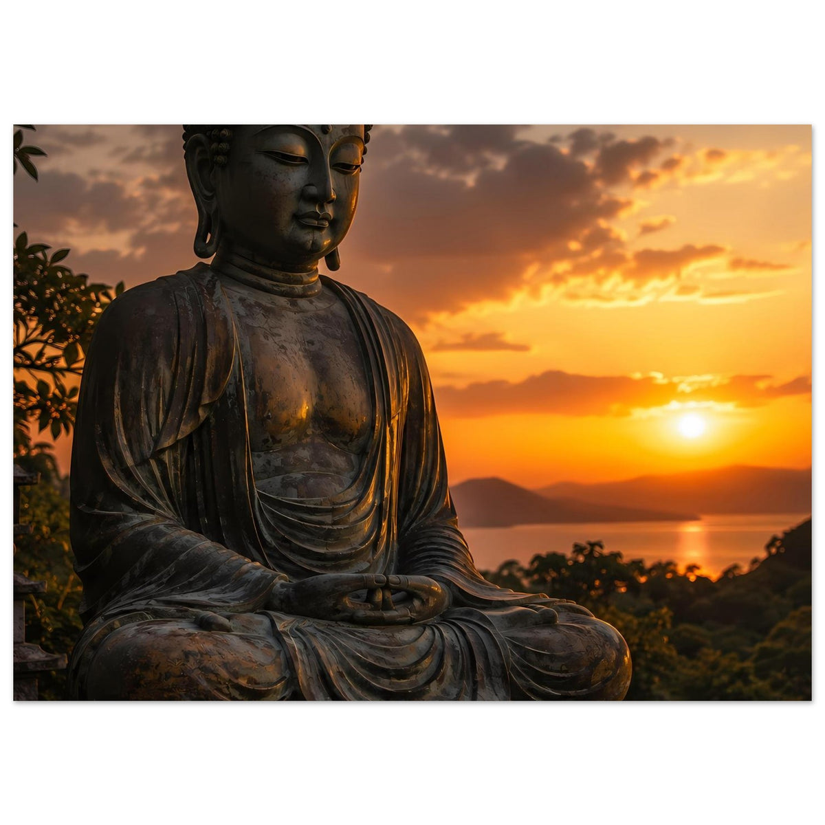Poster im Nahbereich: sitzender Buddha mit ruhigem Gesicht, gefaltete Hände im Lotussitz.