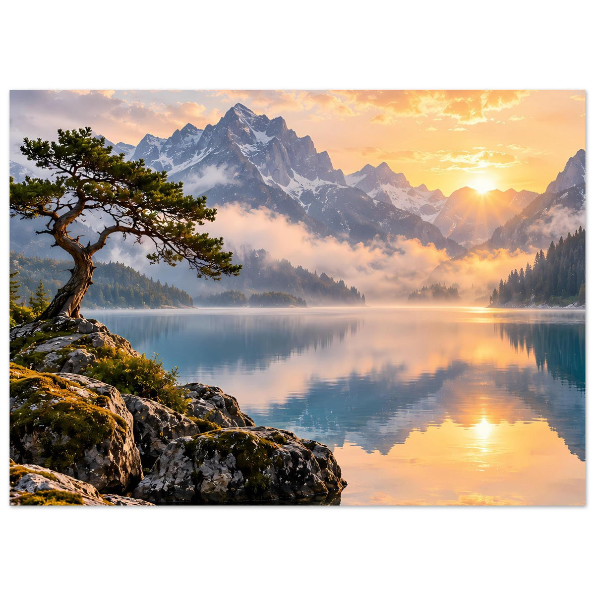 Poster mit Sonnenaufgang über Bergsee, Baum auf Felsen und weicher Nebel