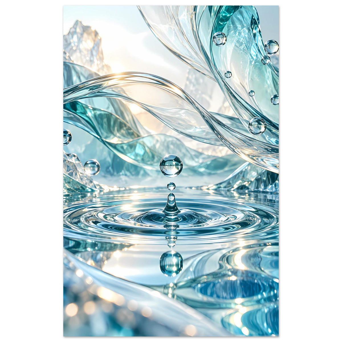 Wasserposter mit türkisblauen Wellen und schwebenden Wassertröpfchen, zentrierte Ansicht