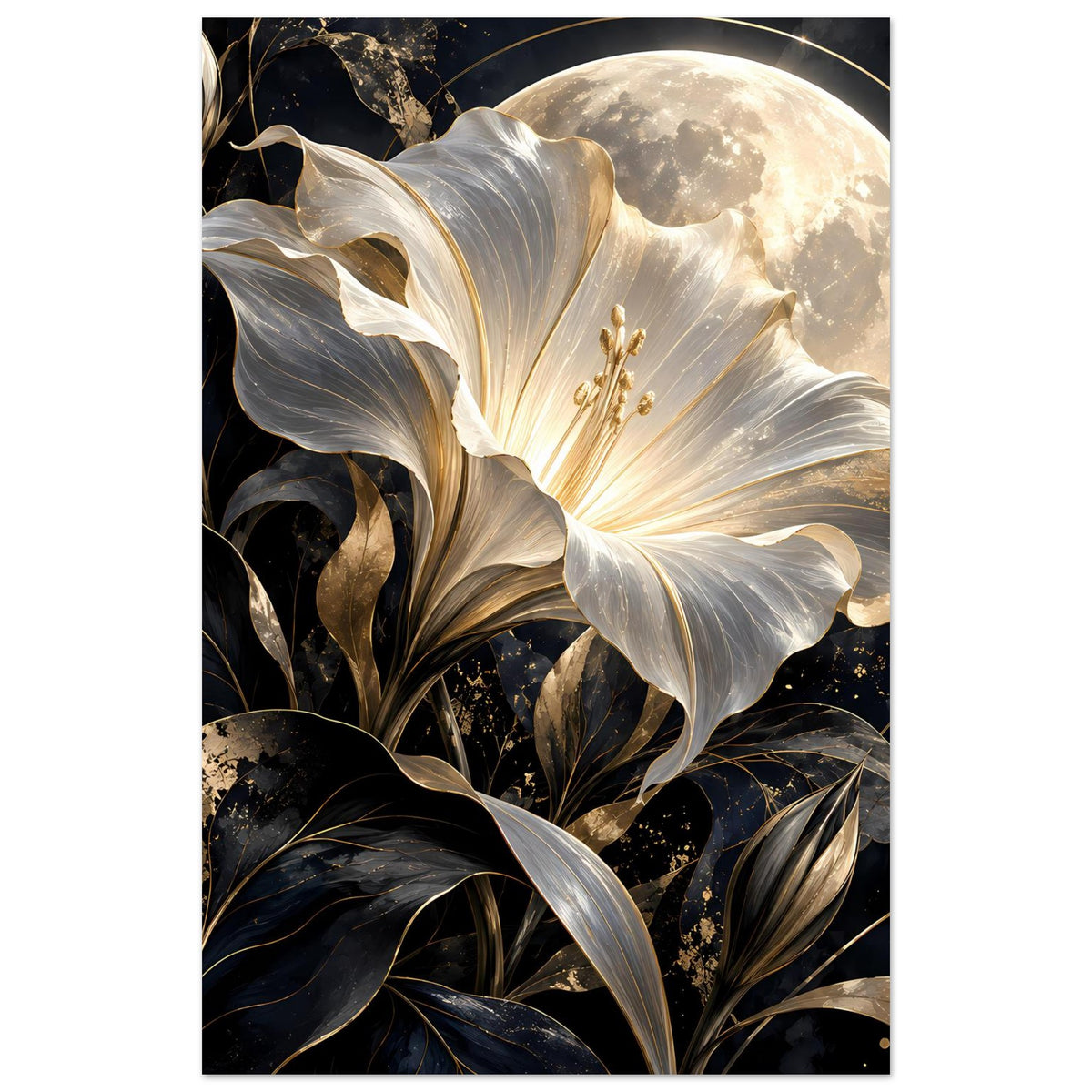Poster im Hochformat mit weißer Blüte, goldenem Mondkreis und dunklem Blätterornament