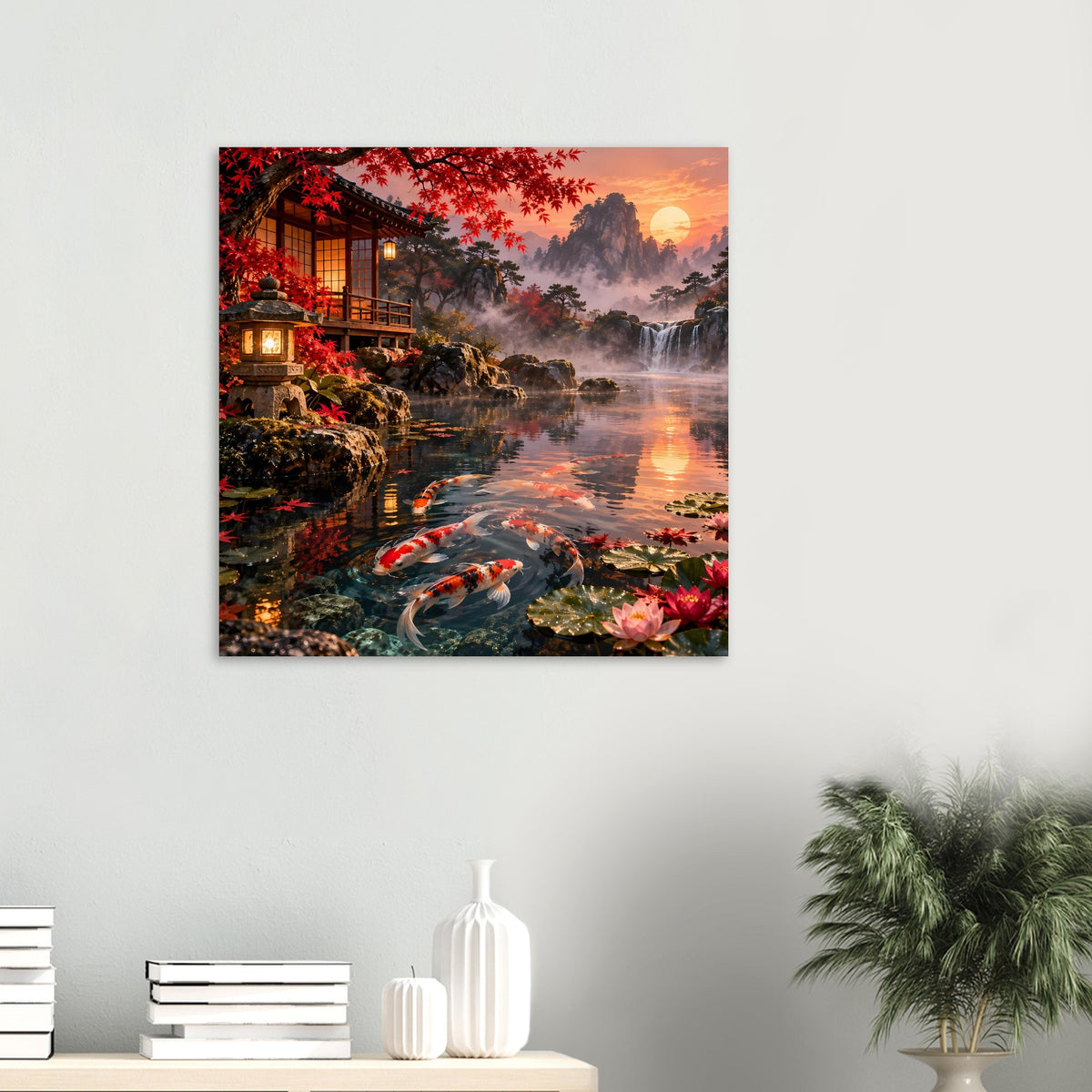 Kleines quadratisches Poster mit Koi im Teich, rotem Herbstlaub, Wasserfall und Pagodenhaus