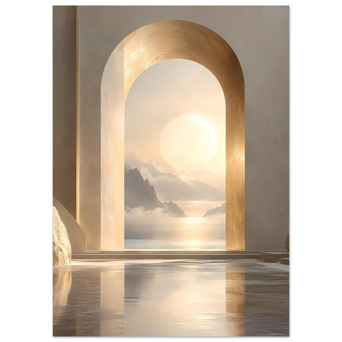 Wandposter mit goldenem Torbogen, Sonnenaufgang über Küste mit Bergform und ruhiger See