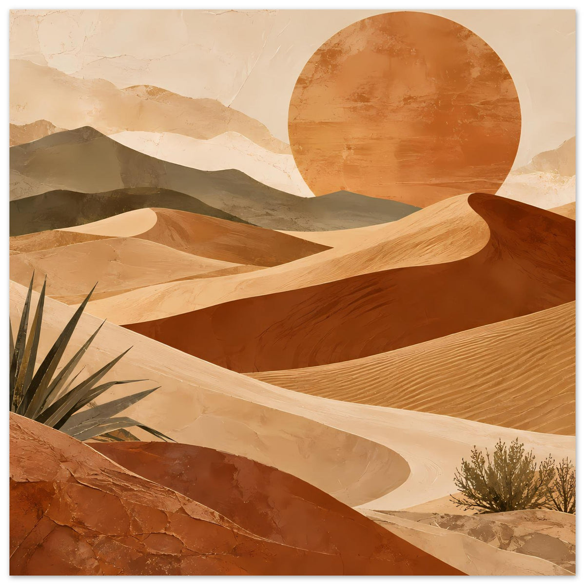 Vertikales Poster mit Wüstenmotiv: Dünen und helles Tal, orange Sonnenkreis sowie Strauchwerk