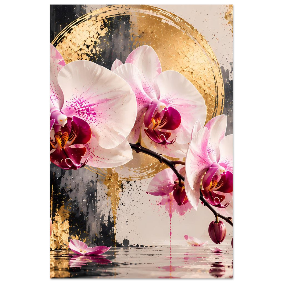 Orchideen-Poster hochformat mit weißen Blüten, dunklen Stielen und goldenem Bogen