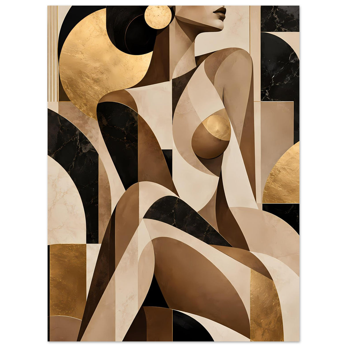 Abstraktes Poster im Hochformat mit geschwungenen Linien in Beige, Braun, Gold und Schwarz