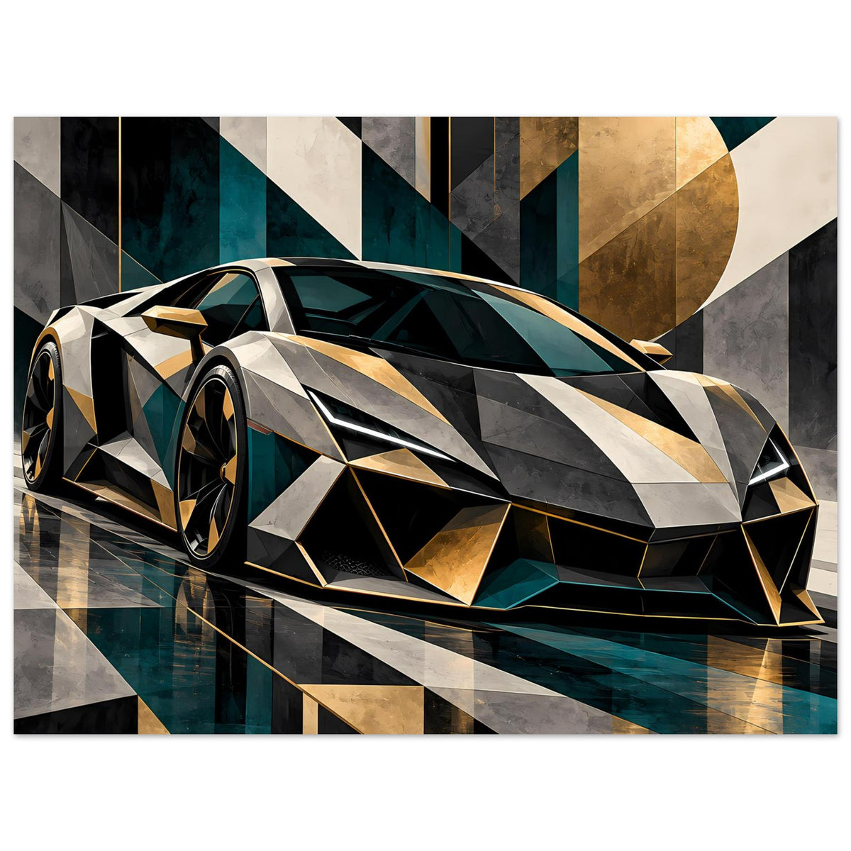 Autoposter mit geometrischem Luxus-Sportwagen, gold und petrol, Frontansicht links