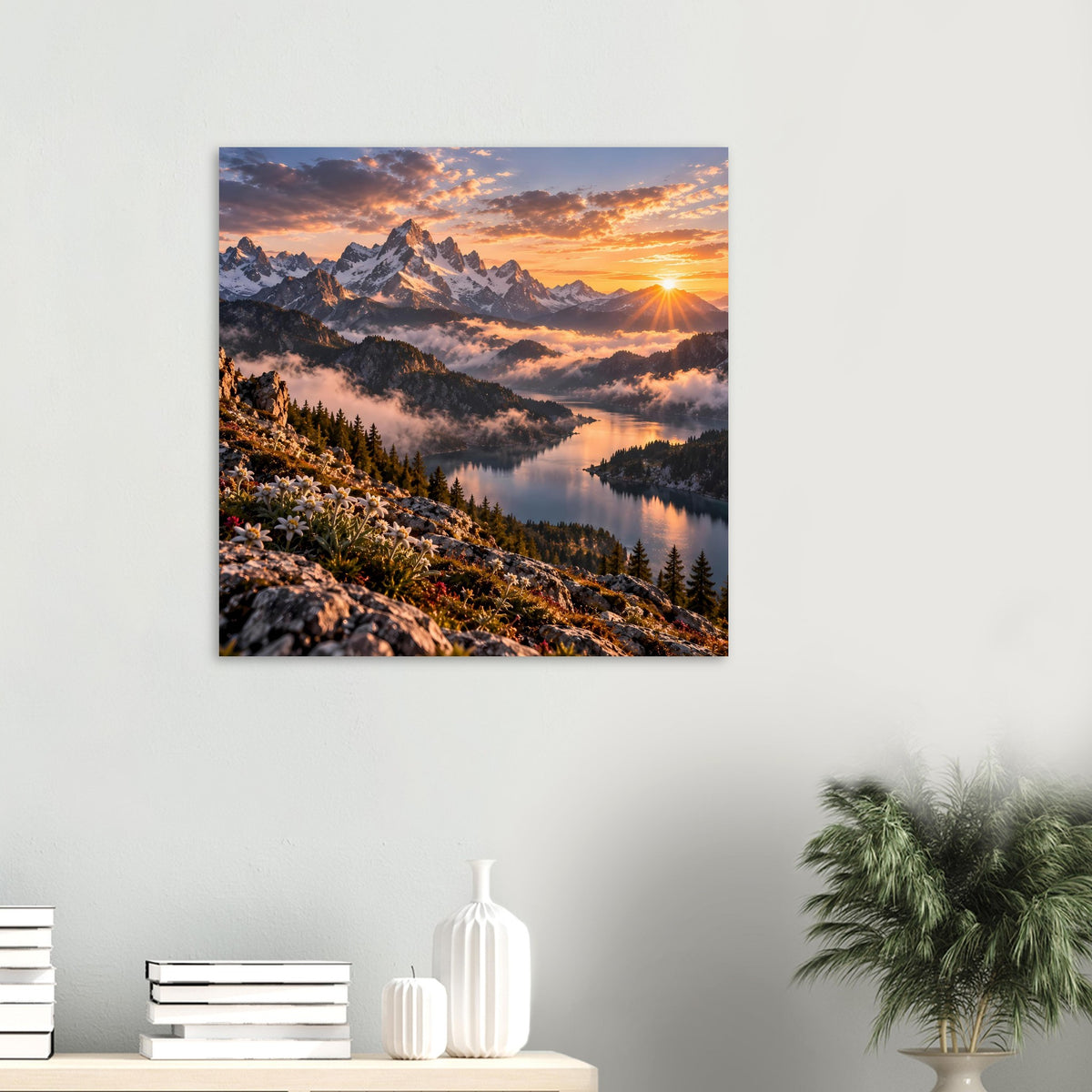 Quadratisches Poster mit Bergpanorama, Sonnenuntergang und ruhigem See